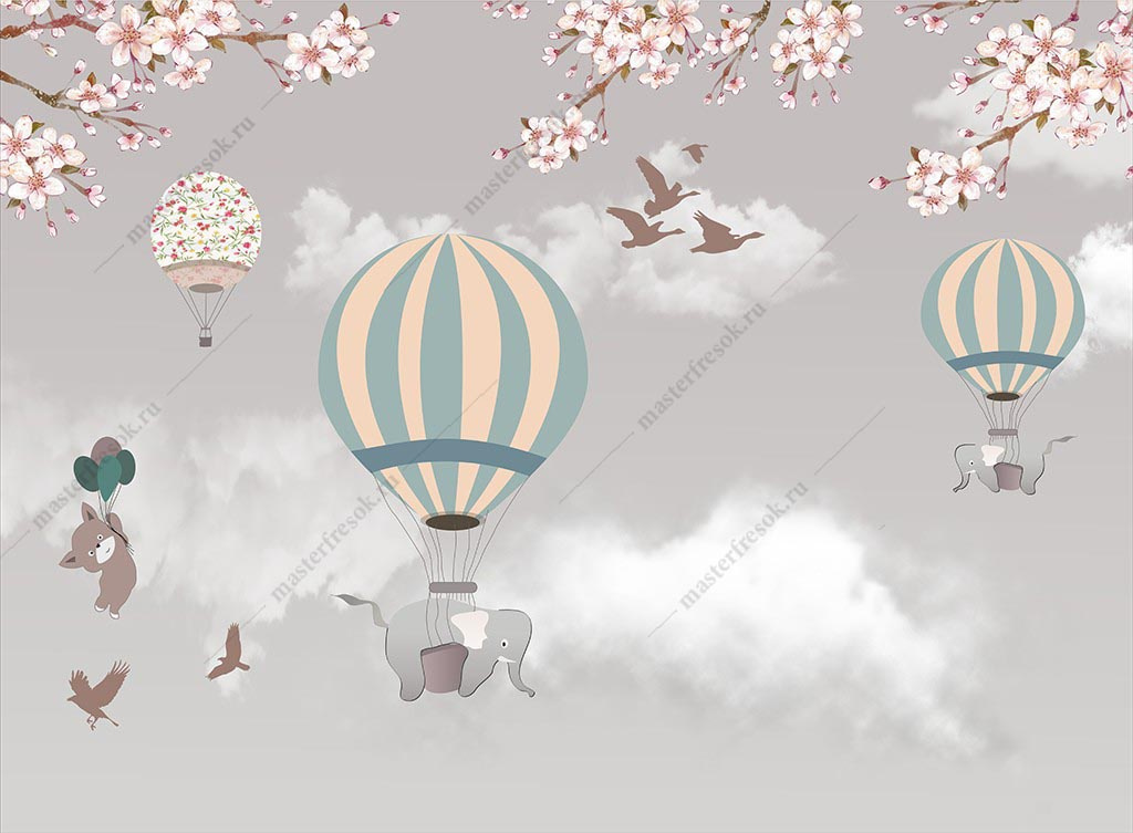 Фотообои Зверята на воздушных шариках для девочки